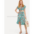 Knot Floral Top & Asymmetrical Ruffle Hem Skirt Set Manufacture Wholesale Fashion Women Apparel (TA4095SS)